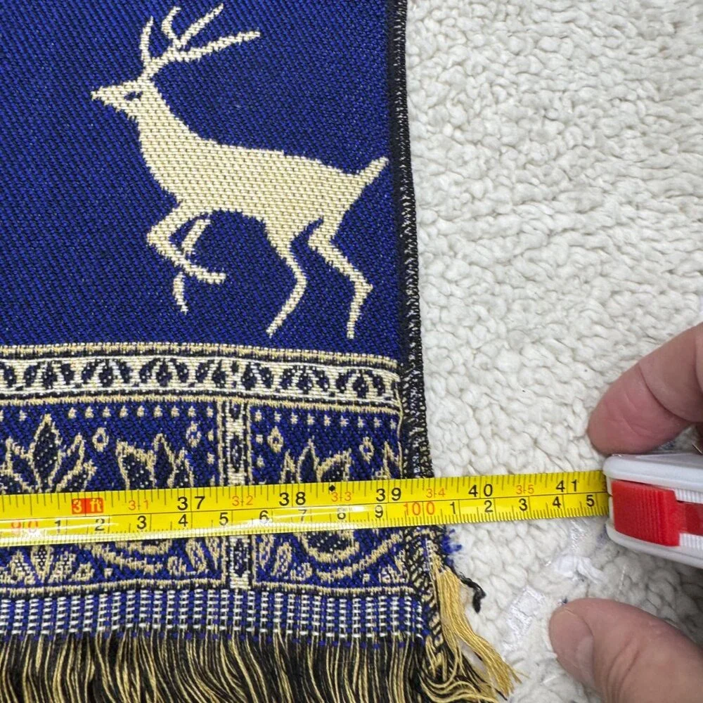 Abu Gazala Egyptian Blue Throw Shawl Or Wall Hanging Deer & Floral Fringe Trim